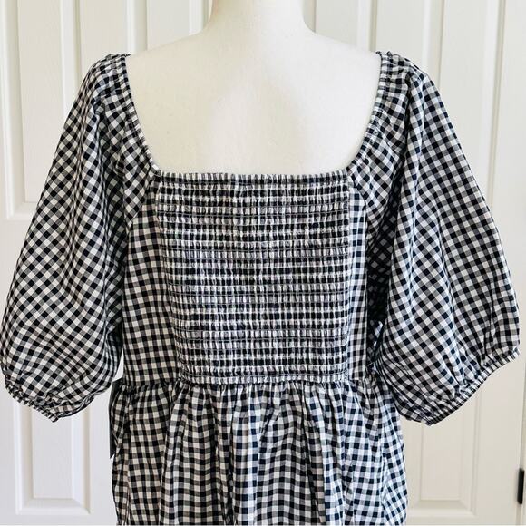 Terra & Sky Top Navy White Gingham Cotton Smocked Short Puff Sleeve Plus 1X NEW - Picture 8 of 12